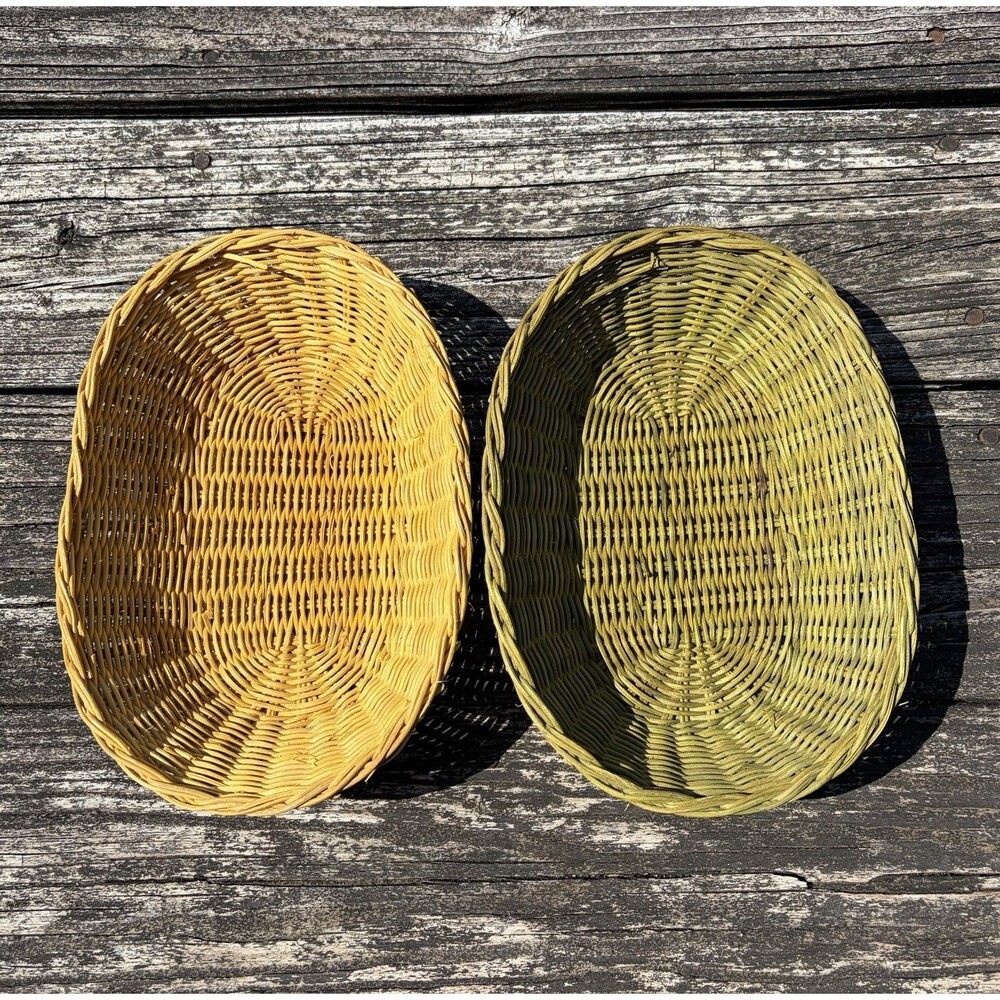 2 Vintage Hong Kong Rattan Woven Wicker Paper Bowl Oval Holder Baskets
